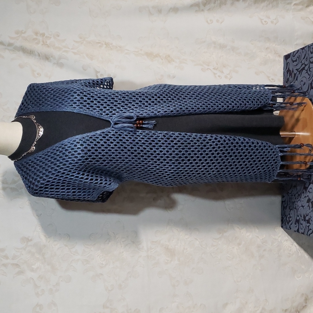 NWT Artesia Academy Blue Long Crochet Vest with Tassels & Wood Beads Siz…